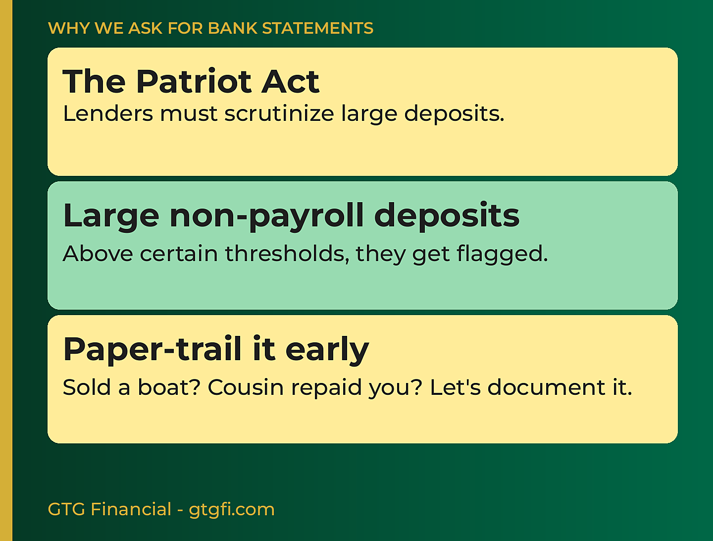 Why we ask for bank statements: Patriot Act, large non-payroll deposits, paper-trail early