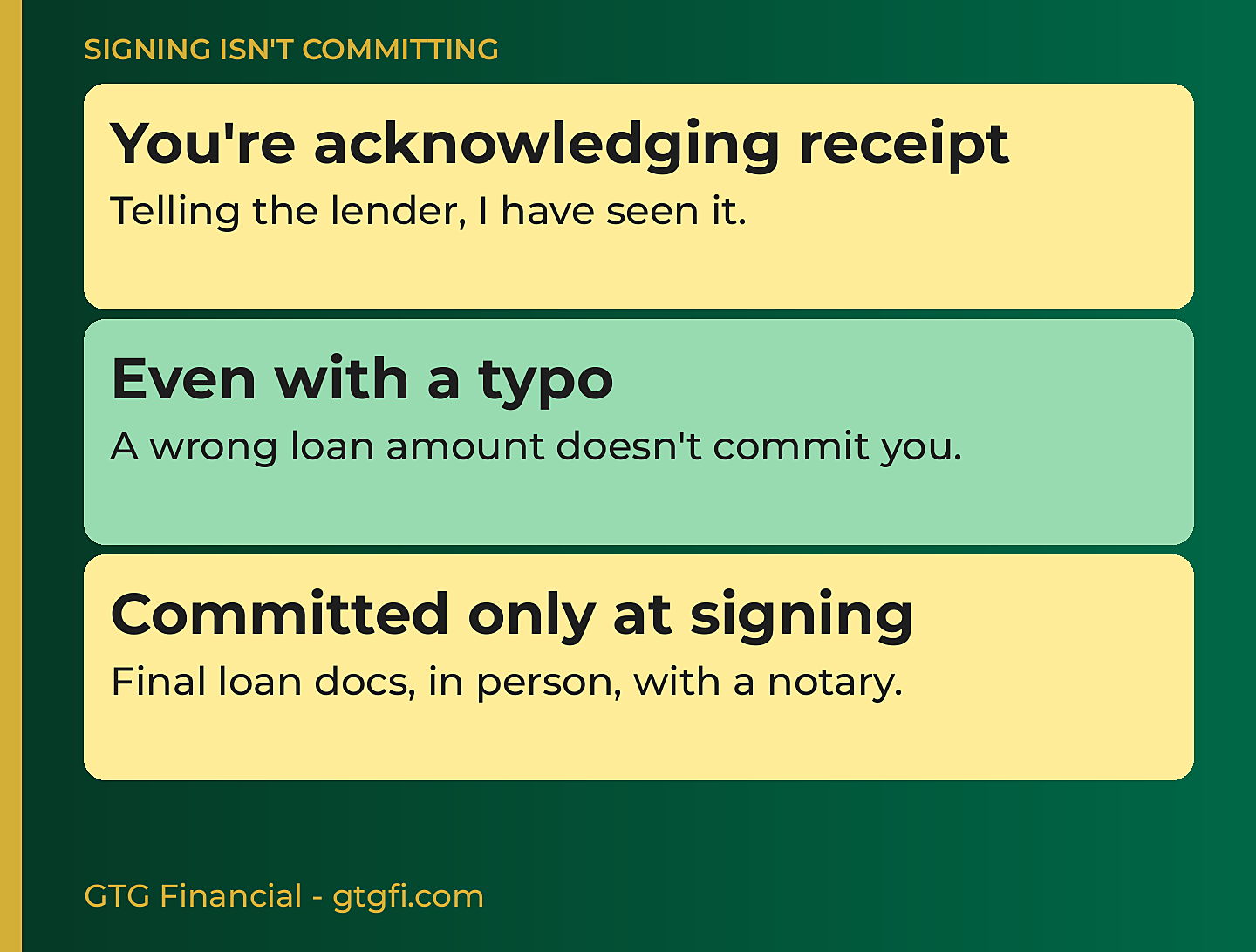 Signing isn't committing: you're acknowledging receipt, even with a typo, committed only at final signing with a notary