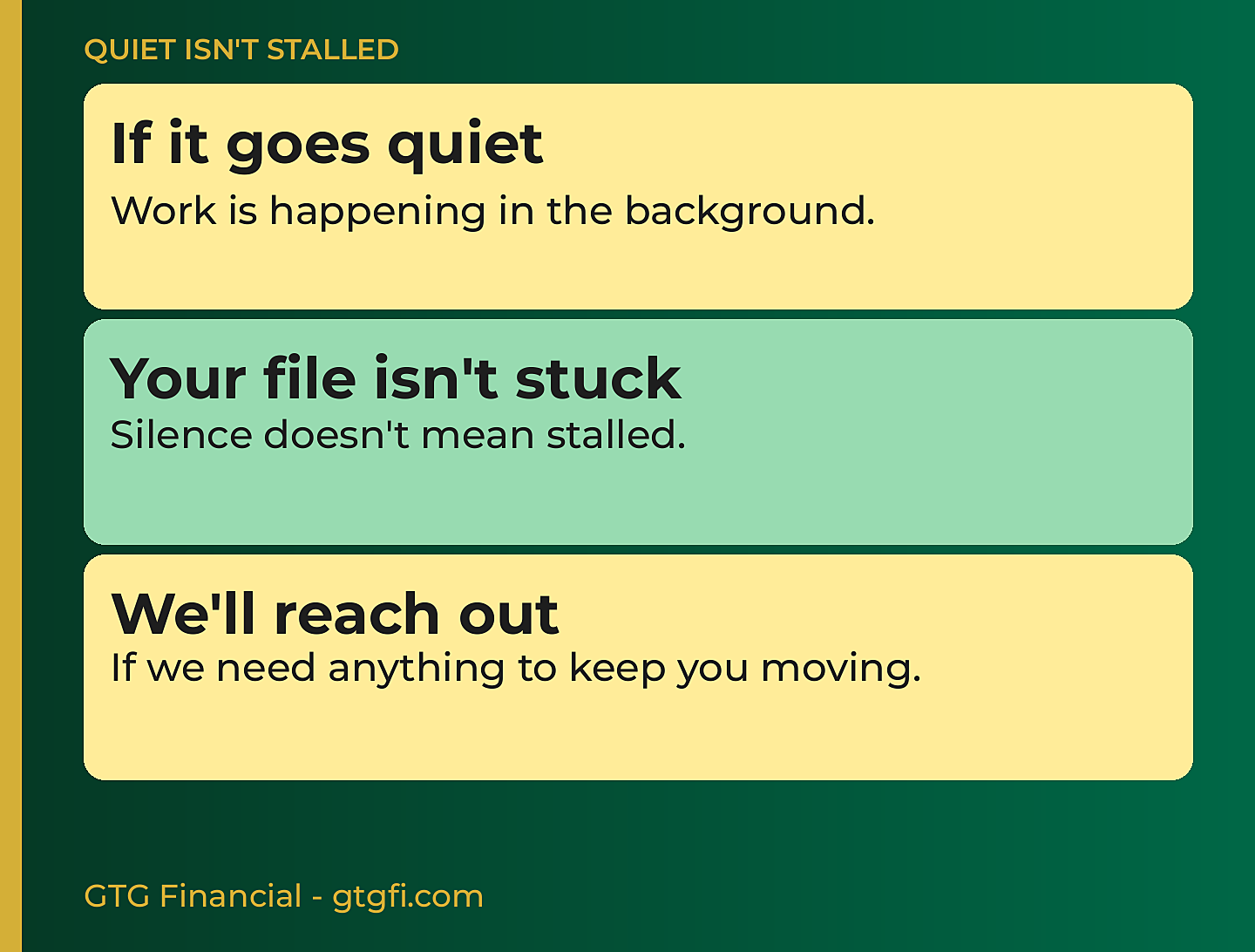 Quiet isn't stalled: work is happening in the background, your file isn't stuck, we'll reach out if we need anything