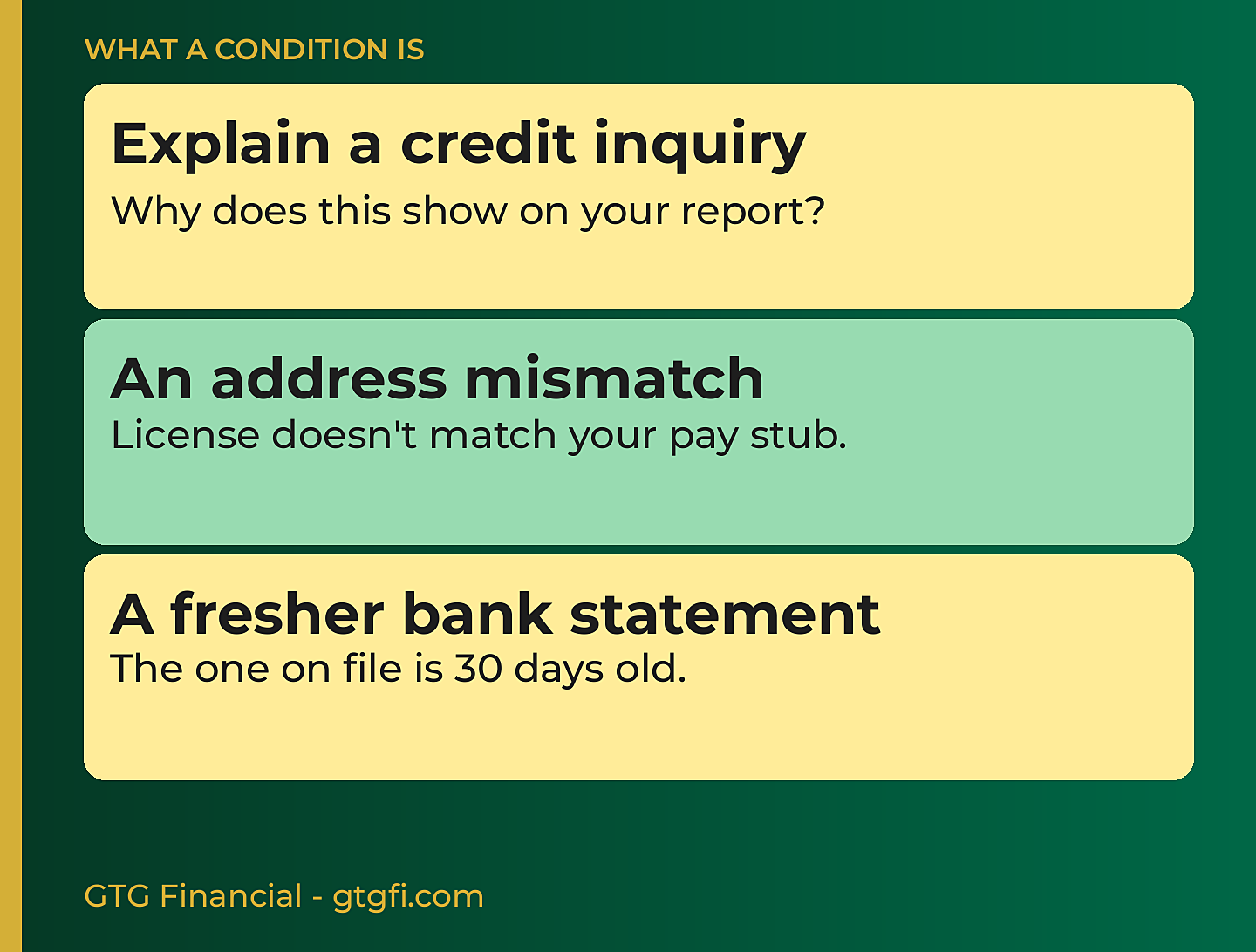 What a condition is: explain a credit inquiry, an address mismatch, a fresher bank statement
